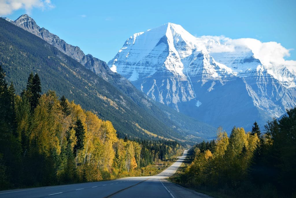 Stunning autumn scene with a road leading to a snow-capped mountain under a clear blue sky.